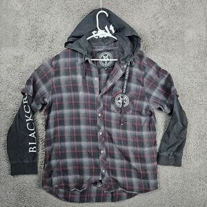 Blackcraft Cult Mens XL Hooded Flannel Shirt Plaid Black Red Layered Sleeve Goth